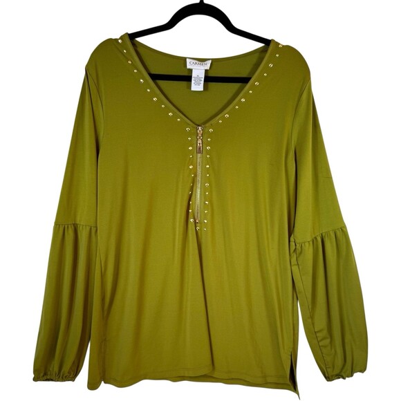 Carmen Marc Valvo Tops - CARMEN MARC VALVO Blouse Top XL Olive Green Long Sleeve‎ V-Neck Zipper